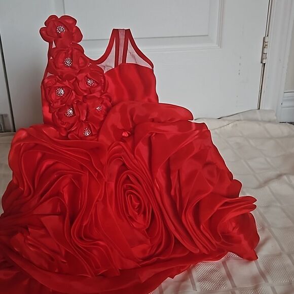 Toddler Girl's Custom-Made Rose Petals Chiffon Dress With Petticoat Red 12-Month - Picture 14 of 16